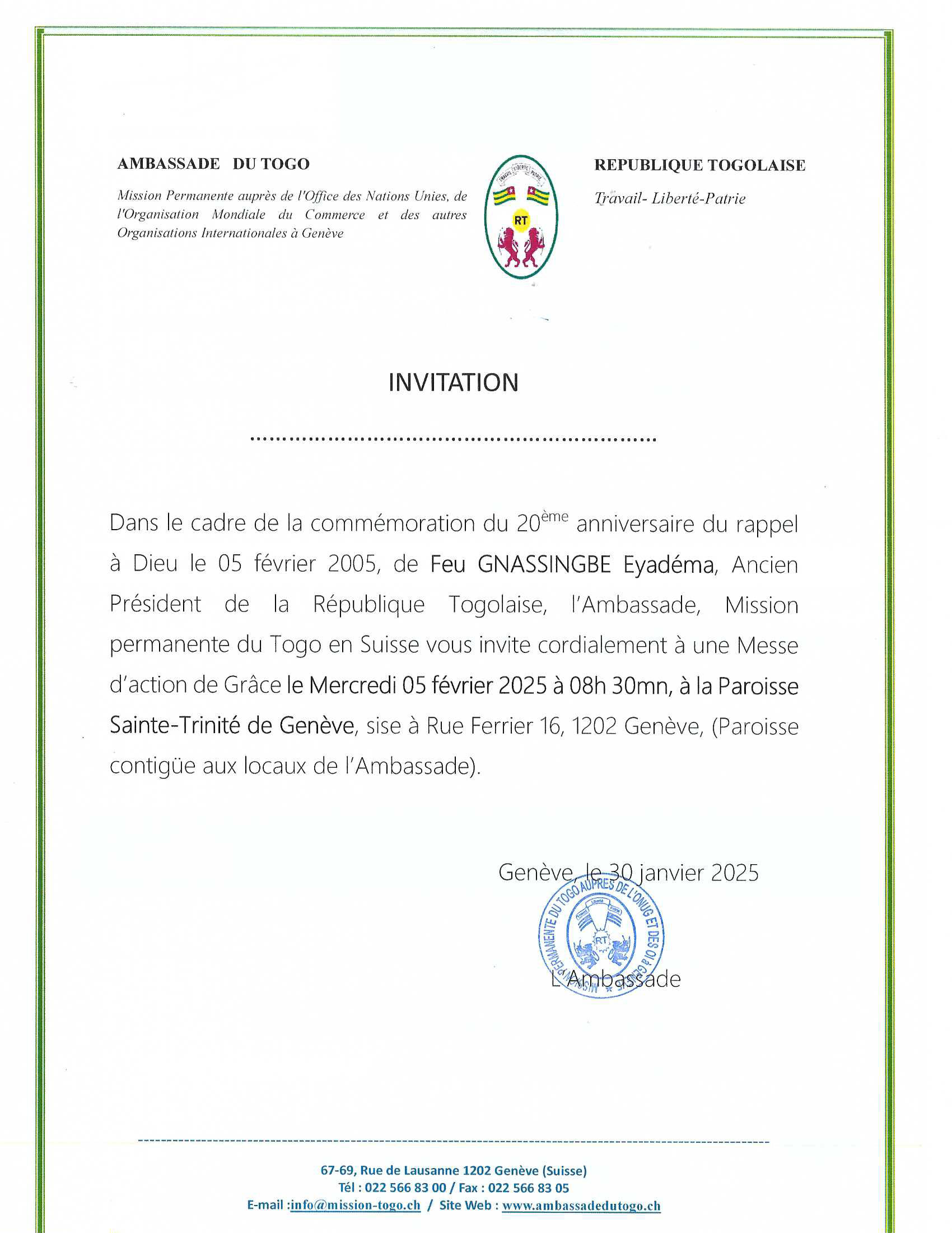 Invitation de la diaspora togolaise dans le cadre de la commémoration du 20e anniversaire de la disparition du président Gnassingbé Eyadéma