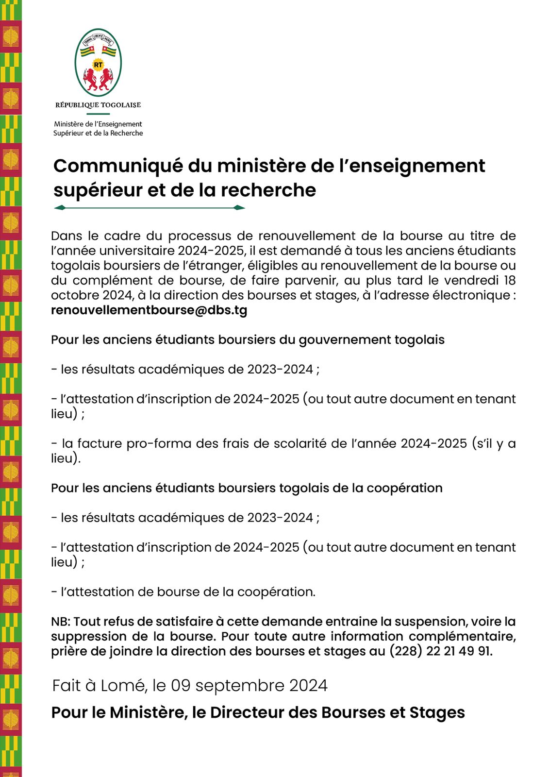 Communiqué du Ministère de l'enseignement supérieur et de la recherche