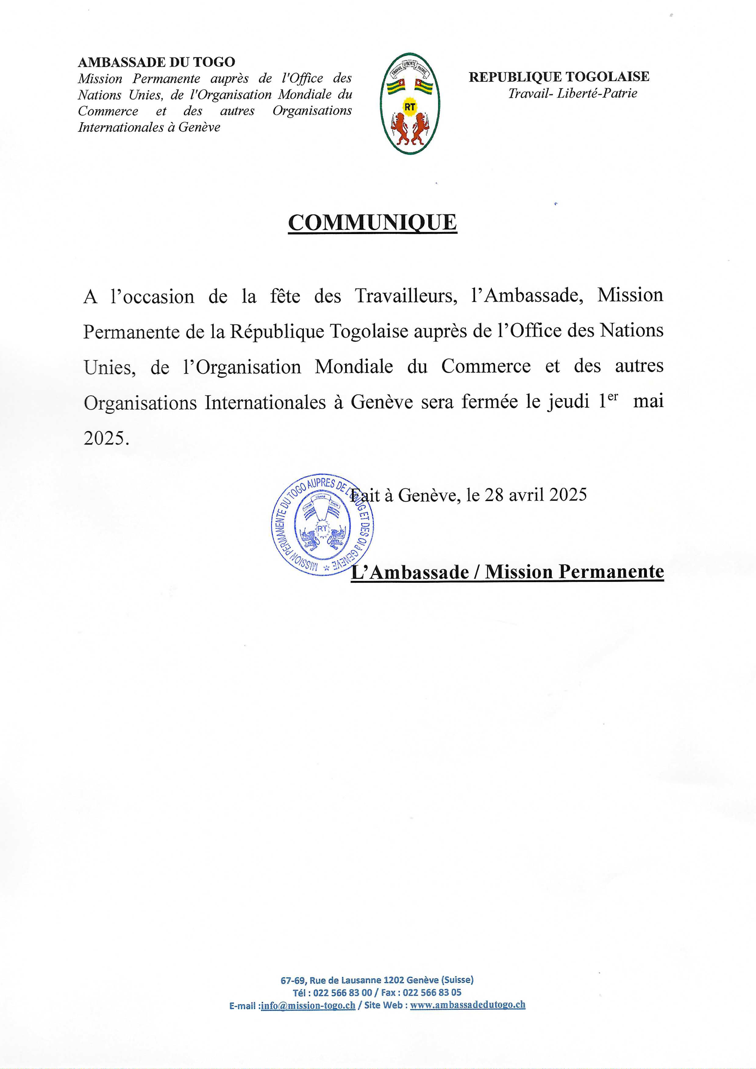 Fermeture de la Mission Permanente du Togo le 1er mai 2025